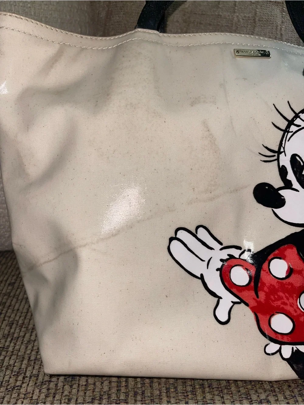 kate spade Cream Minnie Mouse Tote with Black Handles and Red Polka-Dot Skirt